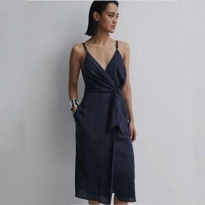 REISS Esme Linen Dress Side Tie Navy Blue Size 2